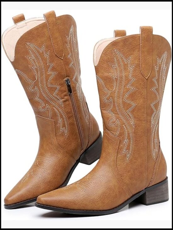 Shoes - Embroidered Western Cowboy Boots Chunky Heel Side Zip Mid Calf Retro